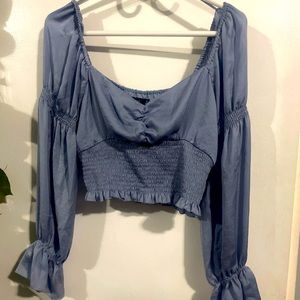 Glassine blue shirred bubble sleeve blouse